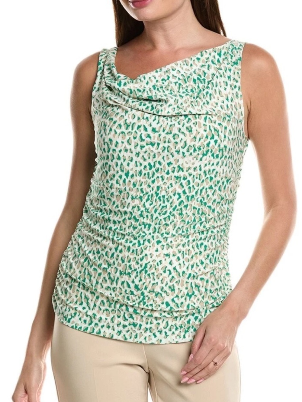 Anne Klein Print Cowlneck Ruched Sleeveless Top Womens XXS Green Multi Pullover